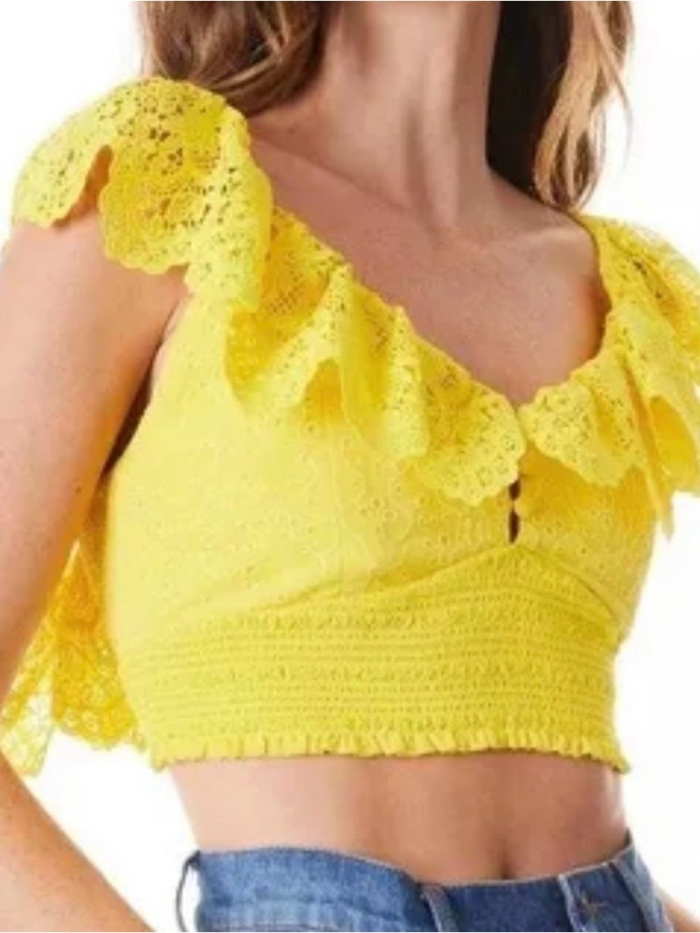 Alice + Olivia Yellow Lace Ruffle Crop Top - Picture 5 of 6